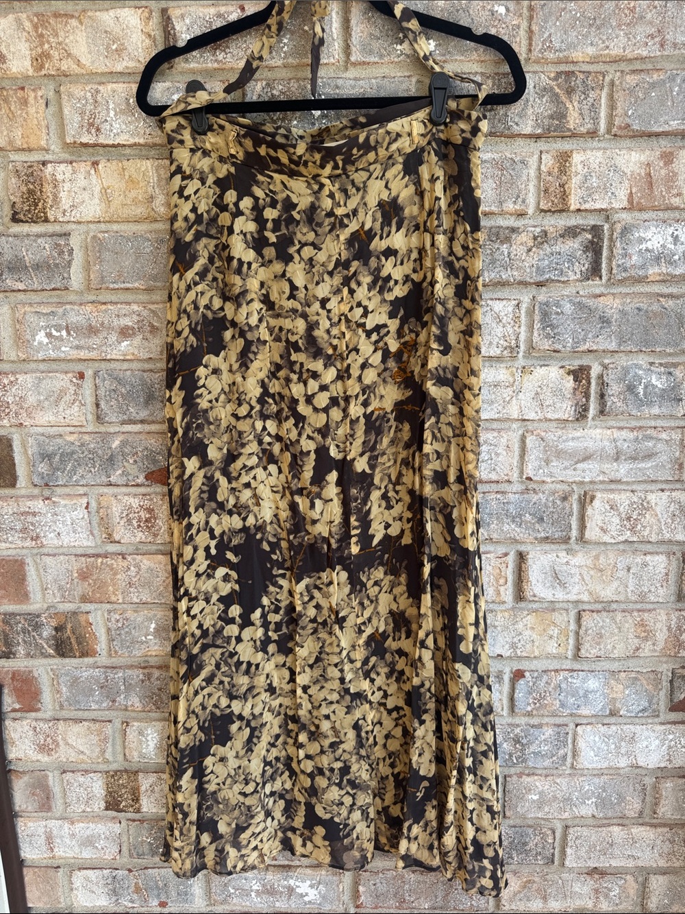 Dana Buchman Brown and Cream Leaf-Print Maxi wrap Skirt fully lined